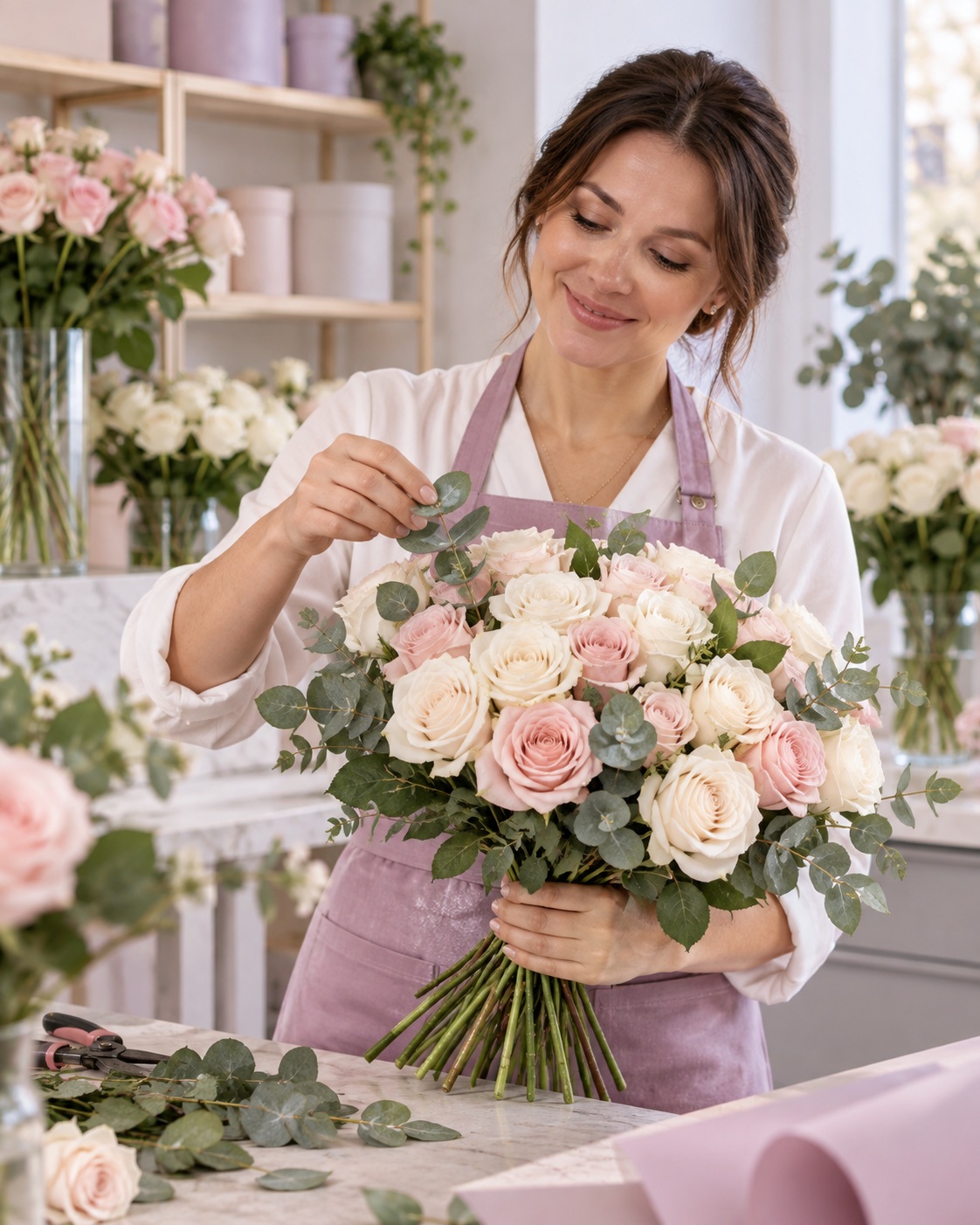 Флорист Love Flowers собирает букет из белых и нежно-розовых роз