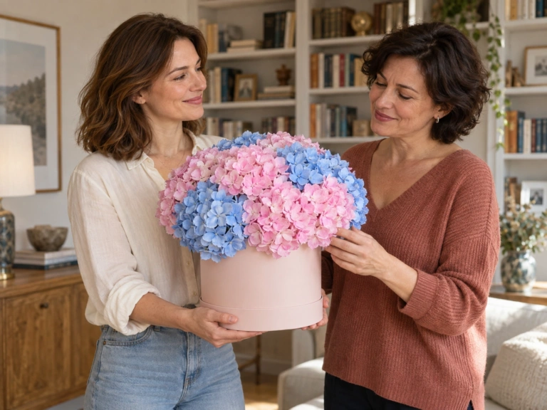 Розовые и голубые гортензии в коробке при домашнем вручении