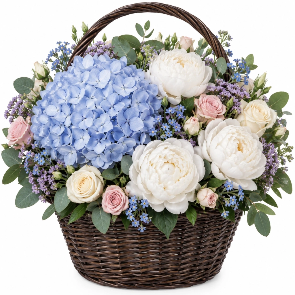 Корзина с гортензией и белыми пионами «Совершенство»