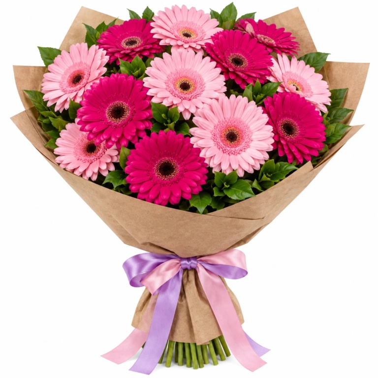 Розовые и малиновые герберы в букете «Микс»