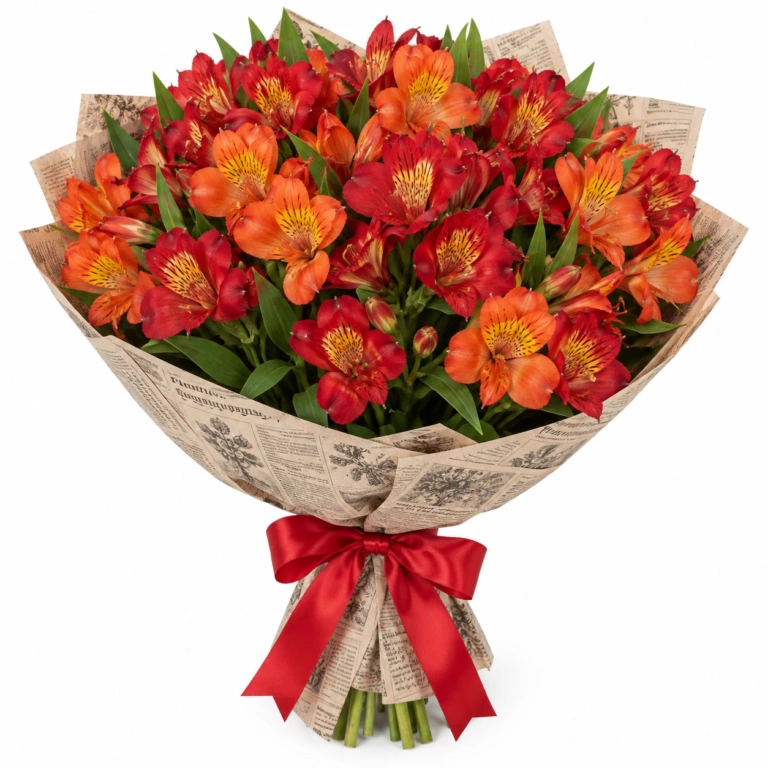 Букет из красно-оранжевых альстромерий «Алый всплеск»