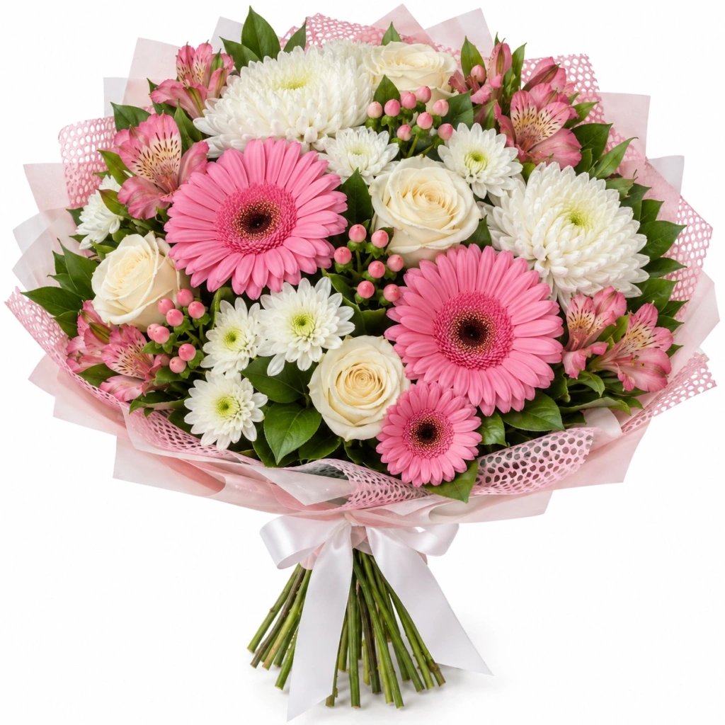 Букет с розовыми герберами и белыми хризантемами «Настоящее чувство»